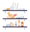 Bathroom shelves with shampoo and soap bottles flat vector illustration isolated.