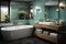 Bathroom shower bathtub, sink toilet, shuffles cabinets, towels, soap, window, potted plant flowerpot. modern style with