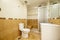 Bathroom with square mirror integrated into the wall, porcelain