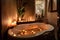 bathroom, with steamy bubble bath and candles, for peaceful and relaxing escape