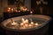 bathroom, with steamy bubble bath and candles, for peaceful and relaxing escape