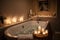 bathroom, with steamy bubble bath and candles, for peaceful and relaxing escape