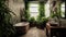 Bathroom with subway tile and a variety of dark green plants of deep forest style