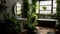 Bathroom with subway tile and a variety of dark green plants of deep forest style