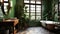 Bathroom with subway tile and a variety of dark green plants of deep forest style