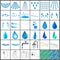 Bathroom symbol set. Template of water drop and spray, shower, bathtub, faucet and toilet tiles.  Vector illustration isolated on