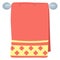 Bathroom thing towel hanging on metal heated towel rail, red yellow color cloth flat vector illustration, isolated on