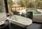 Bathroom view overlooking a pool and wooden deck