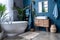 Bathroom white wash basin dressing table, interior plants, bathroom accessories bathtub and shower white and blue walls