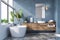 Bathroom white wash basin dressing table, interior plants, bathroom accessories bathtub and shower white and blue walls