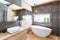 Bathroom with wooden and concrete walls and white bath