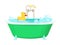 Bathroom yellow duck. Relax water foam bubbles with rubber duck shower vector picture cartoon background