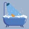 Bathtime vector illustration with bathtub and yellow rubber duck. Bubble water foam in bath and toy. Cartoon flat