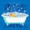 Bathtime vector illustration with bathtub and yellow rubber duck. Bubble water foam in bath and toy. Cartoon flat