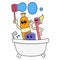 Bathtub containing toothbrush soap shampoo and toiletries, doodle icon image kawaii