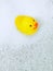 Bathtub with foam bubbles and yellow playful rubber duck in bubble bath Kids spa concept. Kids bath time concept