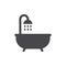 Bathtub with shower and water drops black vector icon.