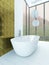 Bathtub standing in front of golden tiled wall