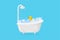 Bathtub with suds and rubber duck and shower. Tub with with bubbles and foam isolated in blue background. Vector