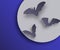 Bats flock in paper art style on night moon background. Flying bats silhouettes with shadows.