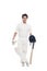 Batsman holding a cricket bat with sports helmet and smiling