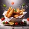 Batter fried fish and chips, traditional British cuisine