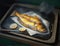 A battered fish sizzling in a deep fryer. AI generation