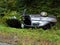 A battered gray car sedan lies in a roadside ditch among the lush green foliage of the bush in the summer. Road traffic incident.