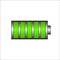 Battery charging icon. Green battery, full charge symbol.  Full charge energy for mobile phone. vector eps10
