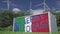 Battery container with flag of Italy and ENERGY STORAGE text at wind turbines. Ecological electric power concept. 3d