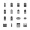 Battery flat glyph icons. Batteries varieties illustrations - aa, alkaline, lithium, car accumulator, charger, full