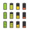 Battery icon set with colorful charge level indicators