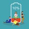 Battery low concept vector illustration of young people using smartphones and tablets with poor battery level.