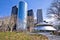 Battery park and New York City downtown skyscrapers view