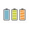 Battery vector icon set with colorful charge level indicators