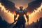 Battle archangel warrior in armor. Big wings on his back, Angel of revenge on battlefield. Messenger of God