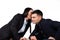 Battle between business partners. Businesswoman whispers something in the ear of businessmen. White background