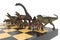 Battle of different dinosaurs on a chessboard
