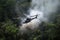 battle-scarred helicopter dashes through smoking jungle after fierce skirmish