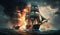 Battle of sea, old sailing ships on background of fire and smoke, illustration, generative AI