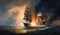 Battle of sea, old sailing ships in fire and smoke, illustration, generative AI