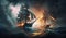 Battle of sea, old sailing ships in fire and smoke, illustration, generative AI