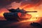 battle tank driving past sunset, with orange and red clouds in the background