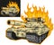 Battle tank on fire, variant on black and white background, battle tank colored drawing.