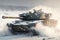 battle tank moving through snow-covered landscape