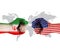 Battle of USA vs Iran, Flags on clenched hands fists facing each other on World map