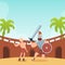 Battle of young king David and giant Goliath, flat vector illustration.