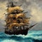 Battleship sailing across the high seas in oil painting style