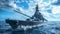 battleship warship parked in the middle of the sea Use for website banner background, backdrop, close up