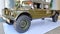 Batu City, Indonesia - November 2022 : Army Green Vintage Jeep Willys Truck Car Parked in Automotive Contest